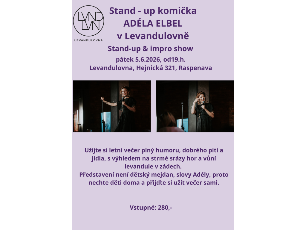Stand-up Adély Elbel v Levandulovně 5.6. v 19.h.