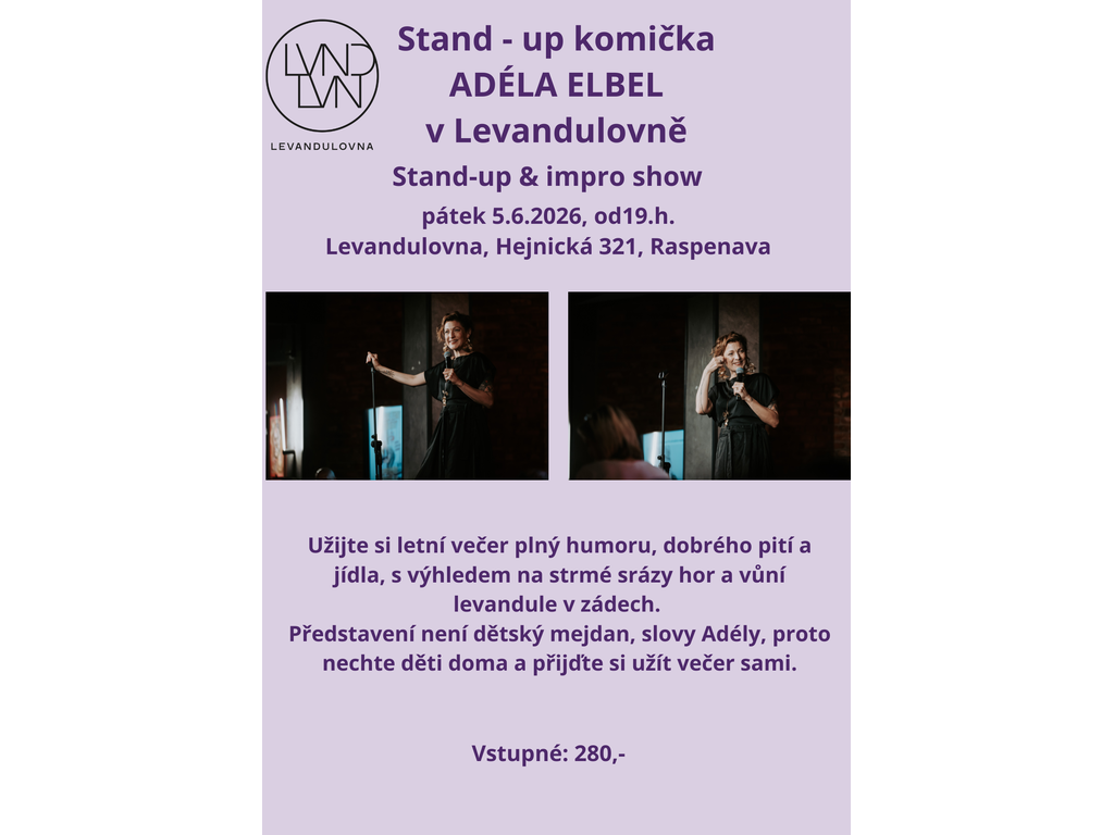 Stand-up Adély Elbel v Levandulovně 5.6. v 19.h.